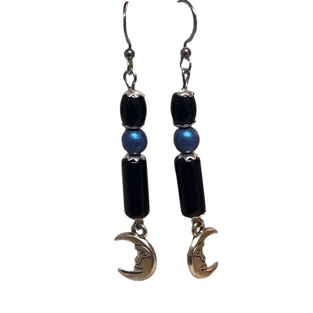 Handcrafted Obsidian Czech glass moon earrings - Picture 4 of 5